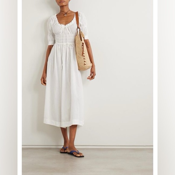 Doen Ischia Shirred Organic Cotton-Blend Voile Midi in Salt white - Picture 2 of 9